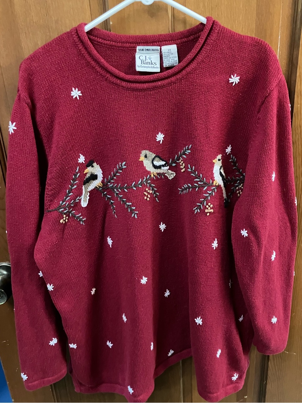CJ Banks 2x red sweater embroidered birds snowflakes front/back